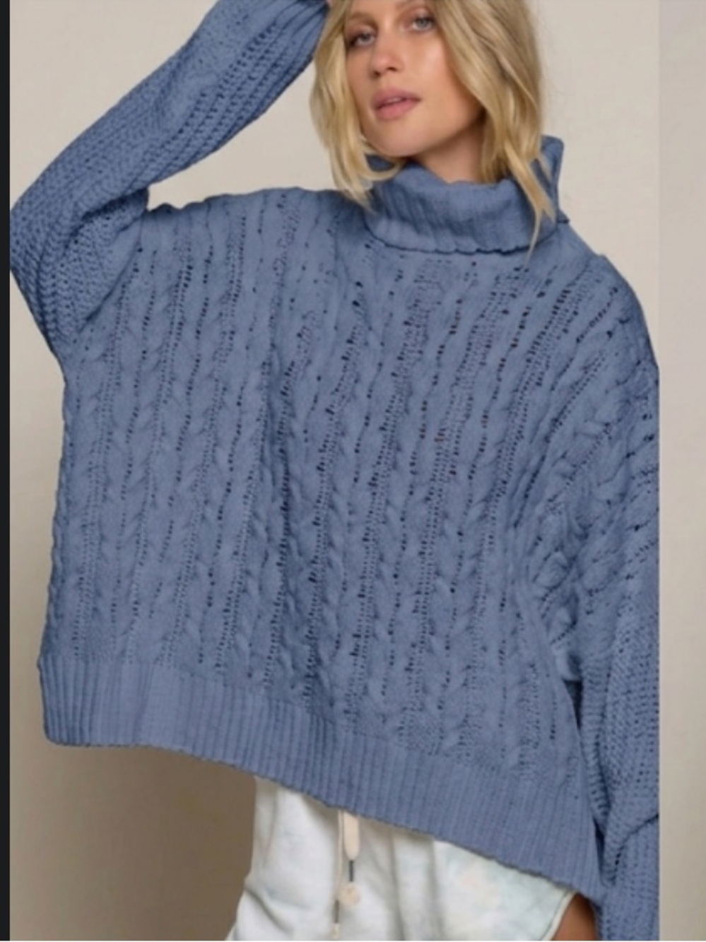 POL Chunky Cable Knit Turtleneck Sweater - Slate Blue Size M